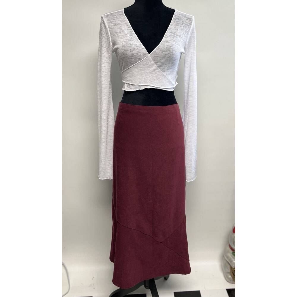 VTG Y2K Faux Suede Midi Skirt Sz 18 Maroon‎ Western Cowgirl Peasant Whimsigoth